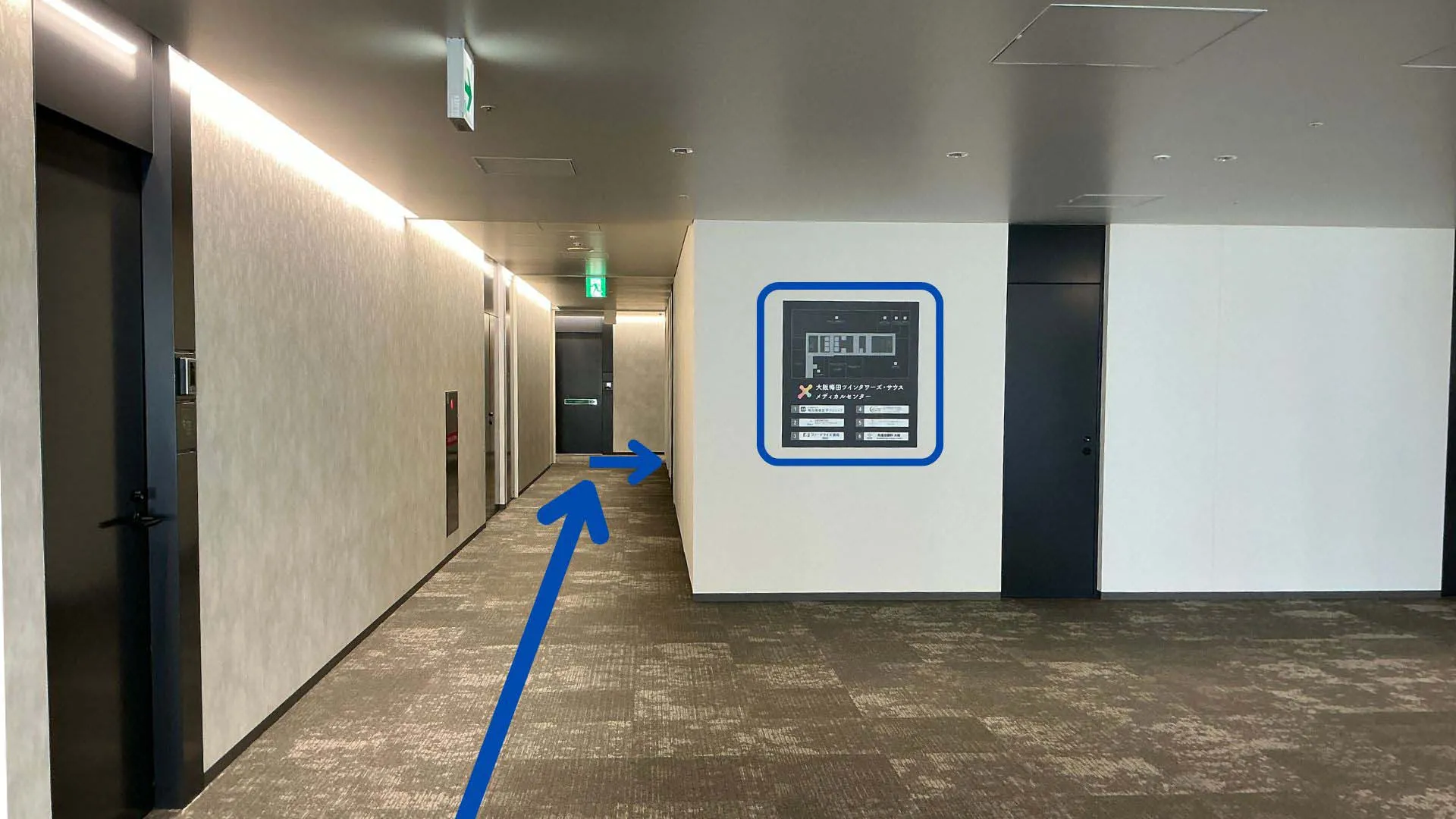 （1）11階からエレベーターに乗り、13階までお上がりください。13階に到着されましたら、右手に当階の案内表示がございます。案内表示を右手に見ながら、突き当たりまでまっすぐお進みください。